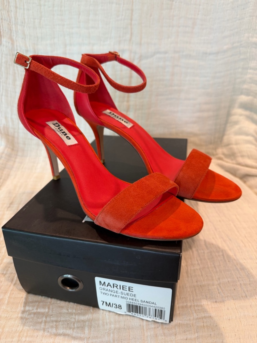 Dune London Orange-Red Suede Ankle-Strap Mid Heels
